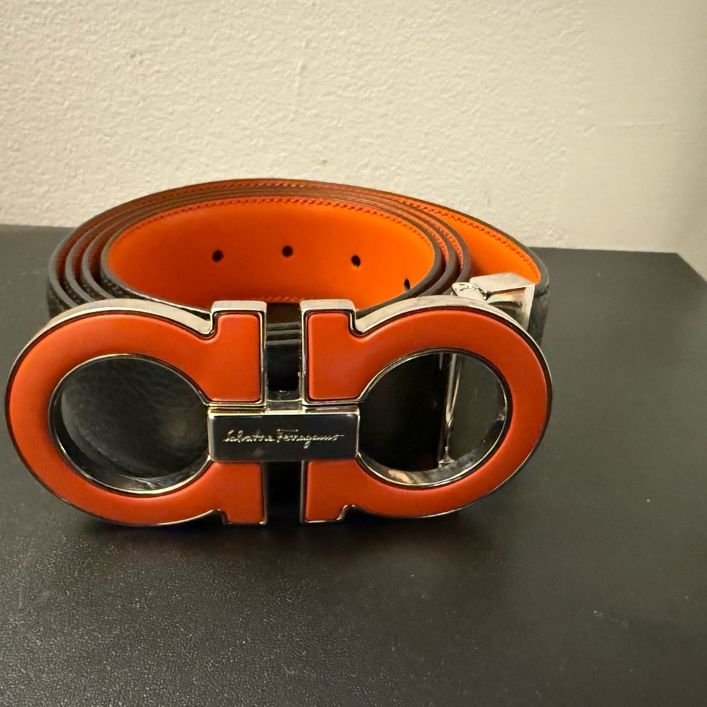 Salvatore Ferragamo Navy Blue and Orange Men's Belt